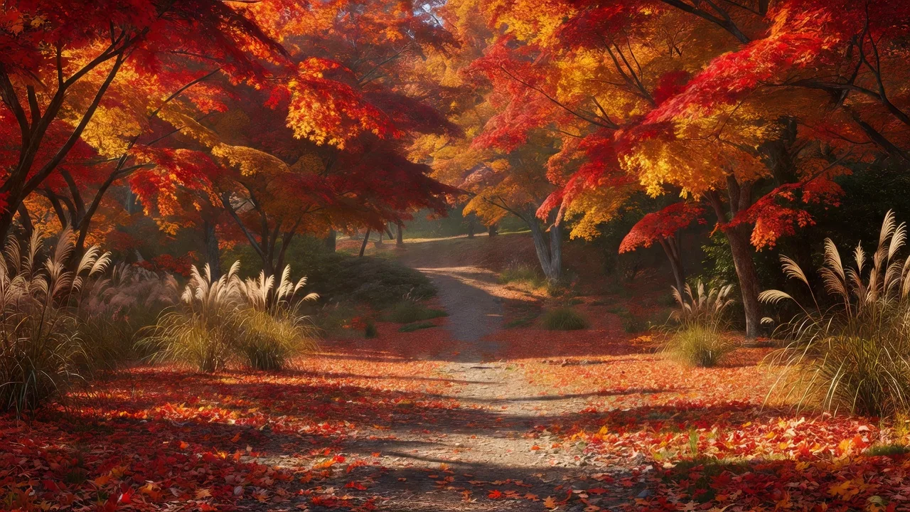 秋の草原と楓の木