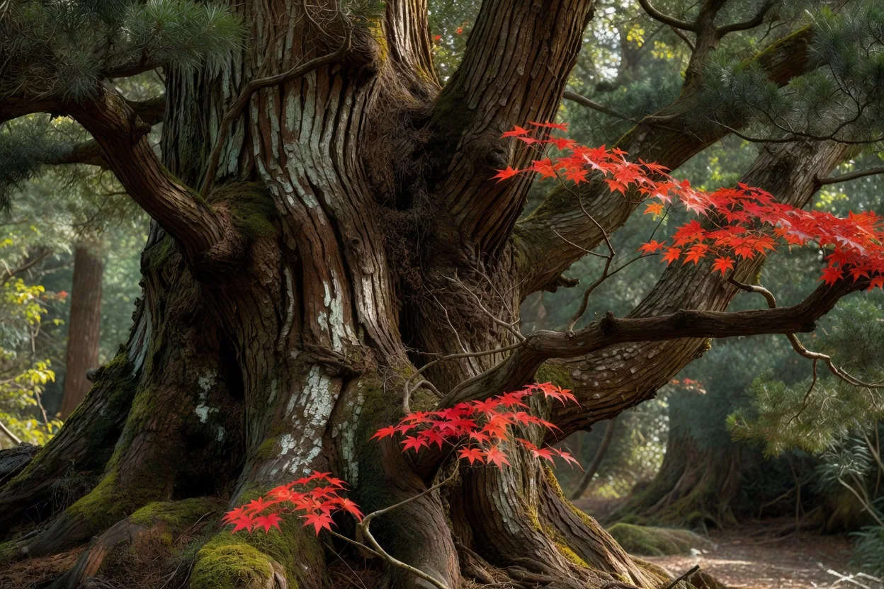 杉の樹皮と赤い楓の葉