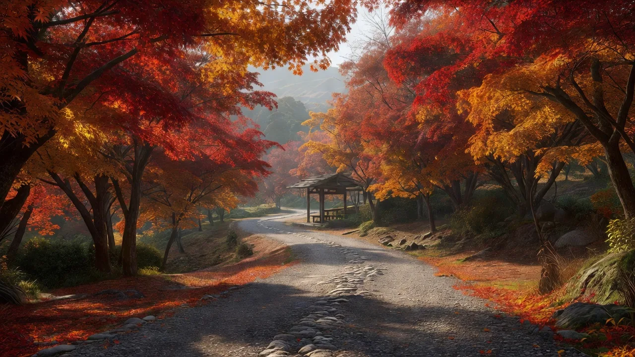 砂利道と紅葉の楓